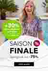  Eine Frau lächelt am Pool und trägt ein buntes Oberteil und Jeans. Text: „Saisonfinale“, Rabatte von bis zu 75 %, zusätzlich 30 % Rabatt mit Code.