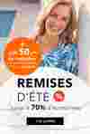  Une femme vêtue d'une robe bleue à motifs, souriante au bord d'une piscine, avec un texte mettant en avant des soldes d'été allant jusqu'à 70 % et une offre promotionnelle.