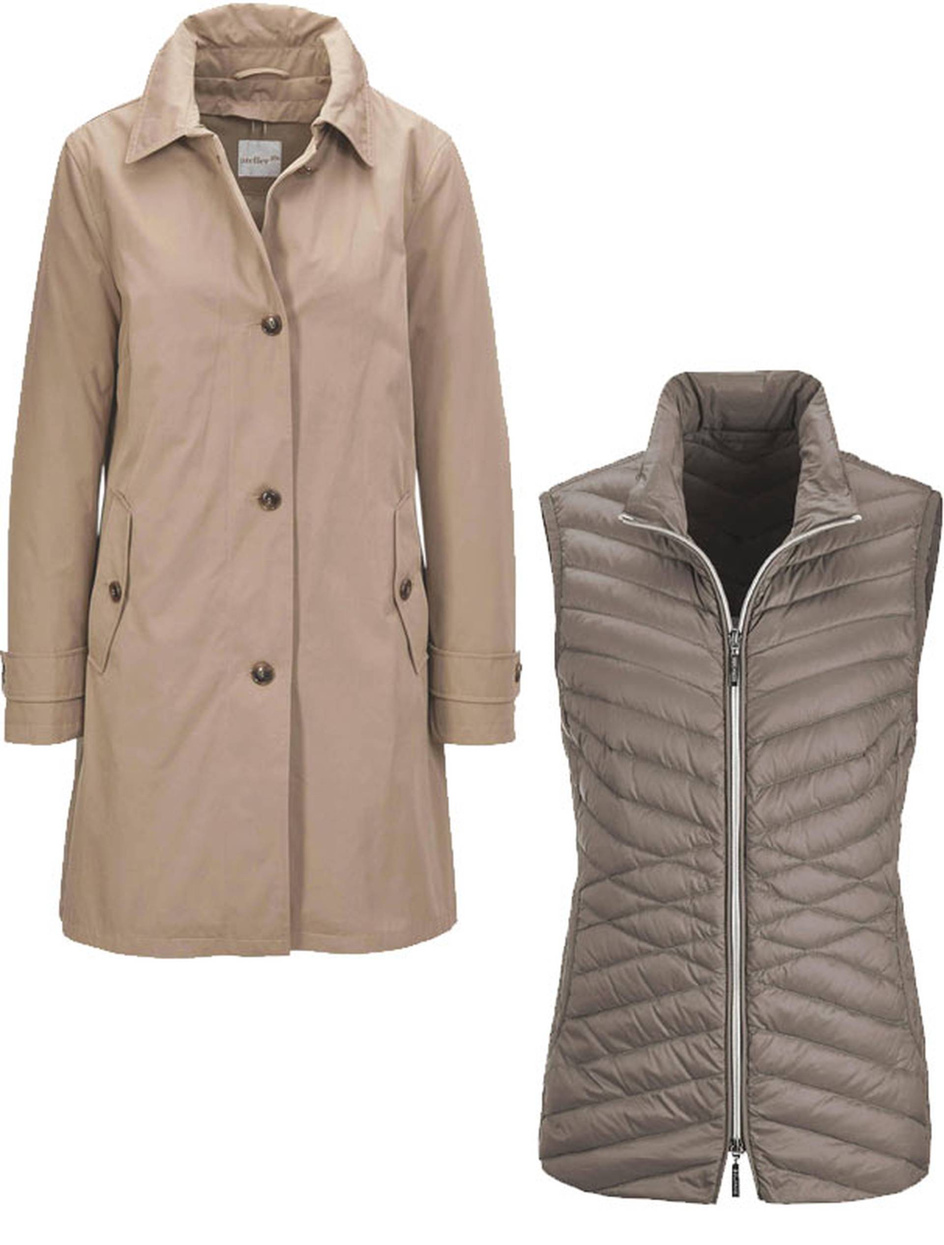 Was man über einer Hemdjacke trägt. Ein Produktbild von einem Trench-Coat und eine Weste