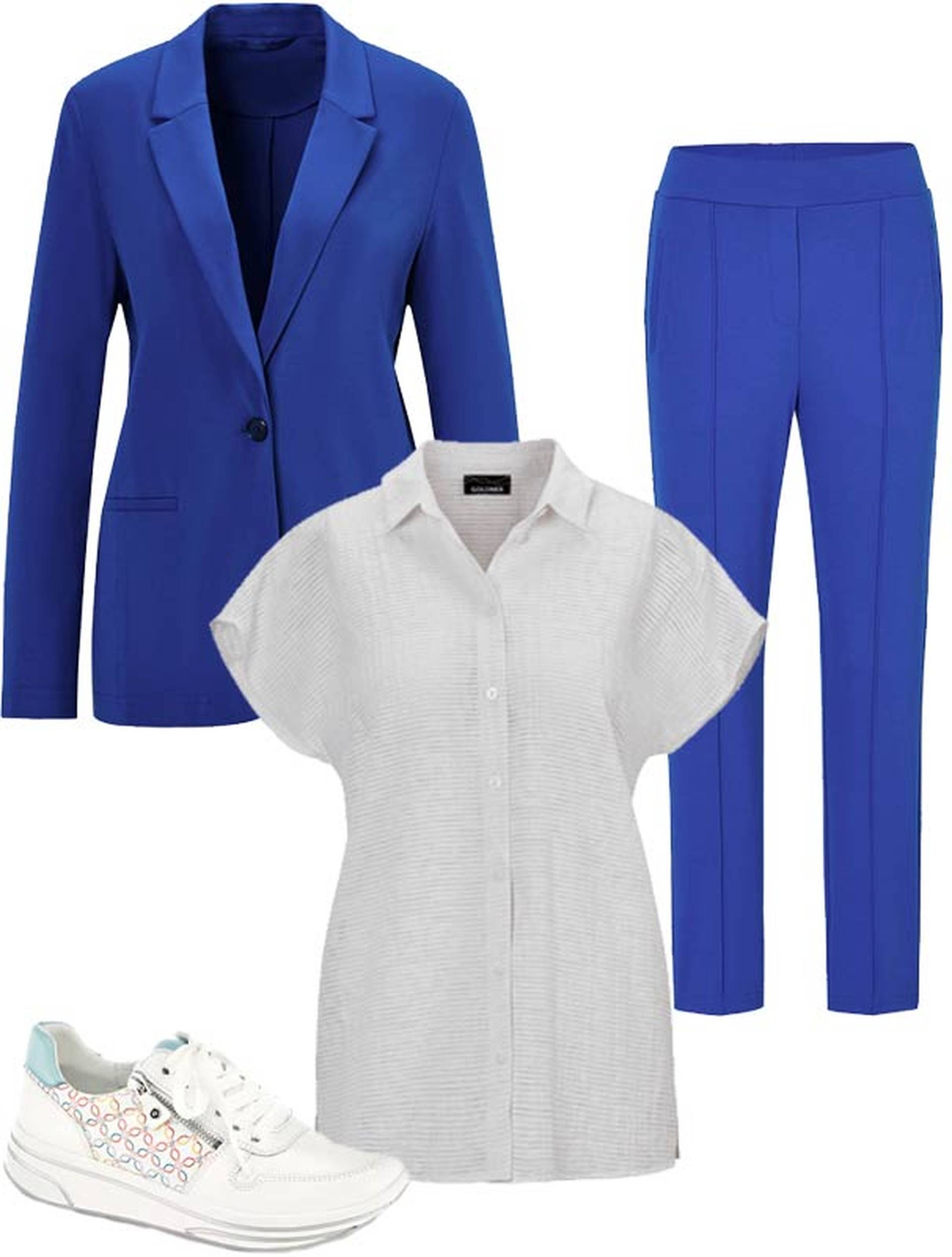 Hosenanzug mit Karottenhose mit weißer Bluse und Sneakern