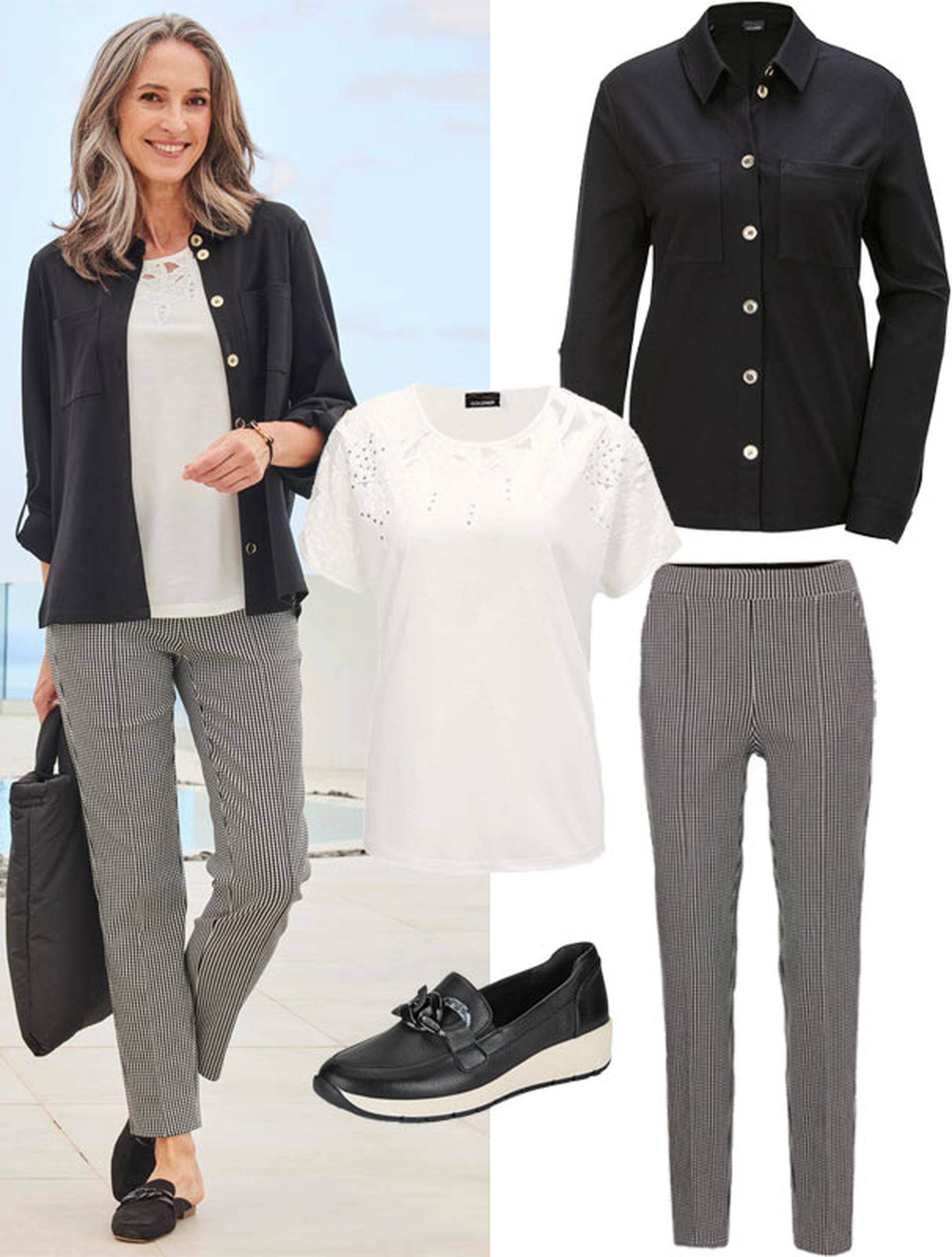Outfit mit Hemdjacke elegant und feminin mit Karohose im schwarz weiß Look