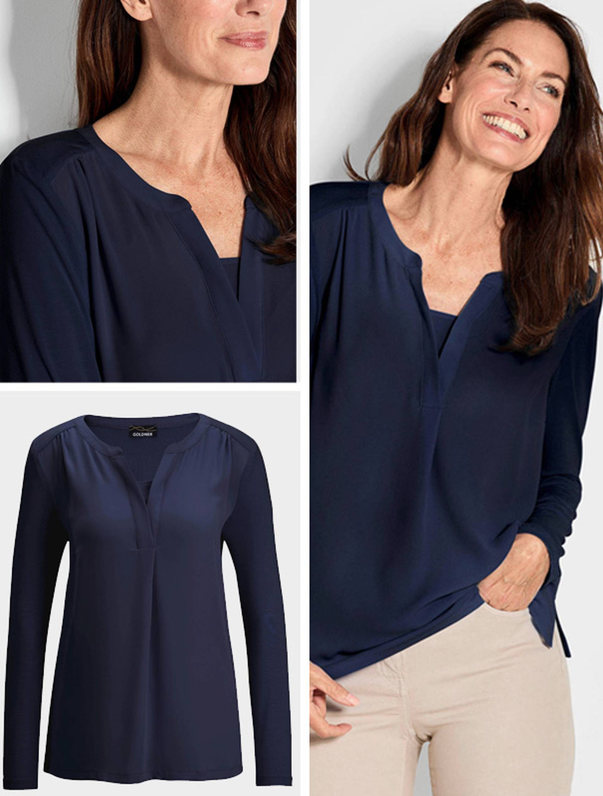 Marineblaue Bluse mit Tunikaausschnitt - Modetipp für Frauen mit großer Oberweite