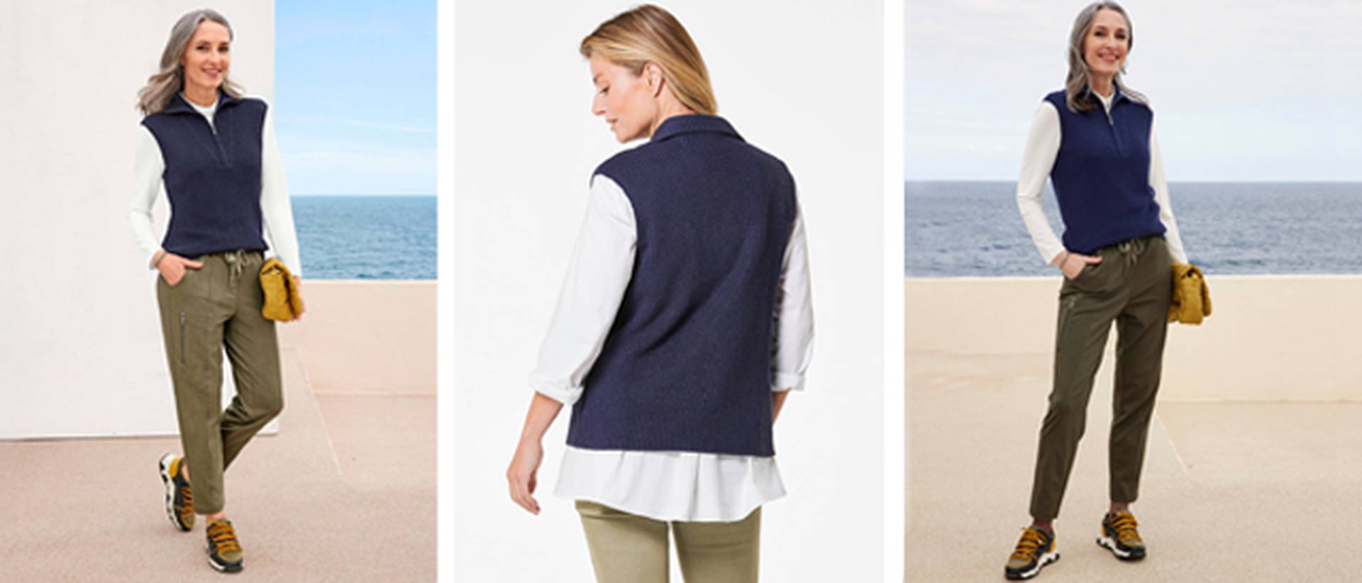 Outfit grüne Hose mit blauem Troyer Pullunder