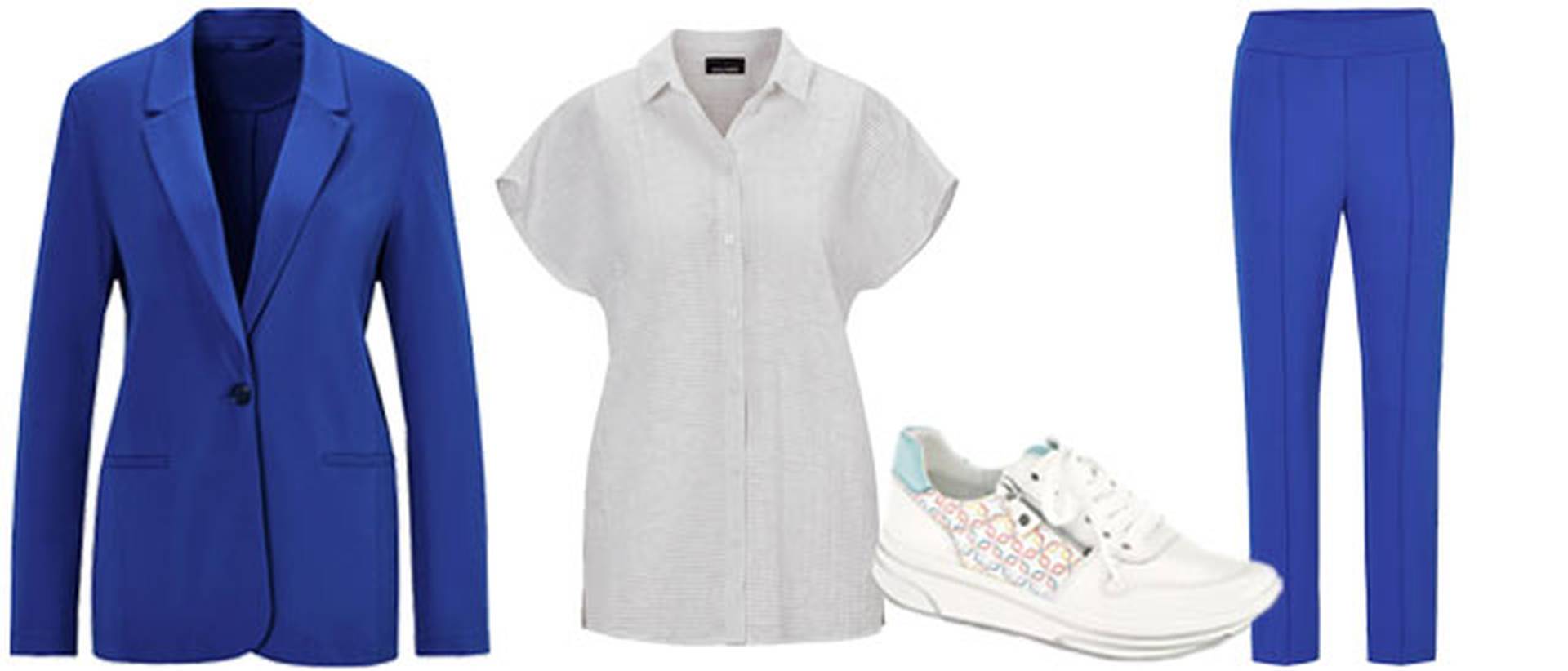Hosenanzug mit Karottenhose mit weißer Bluse und Sneakern