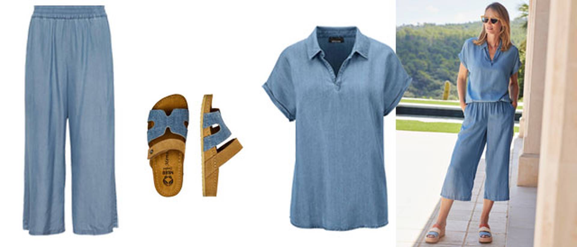 Outfit in Allover DenimLook mit passenden Sandaletten