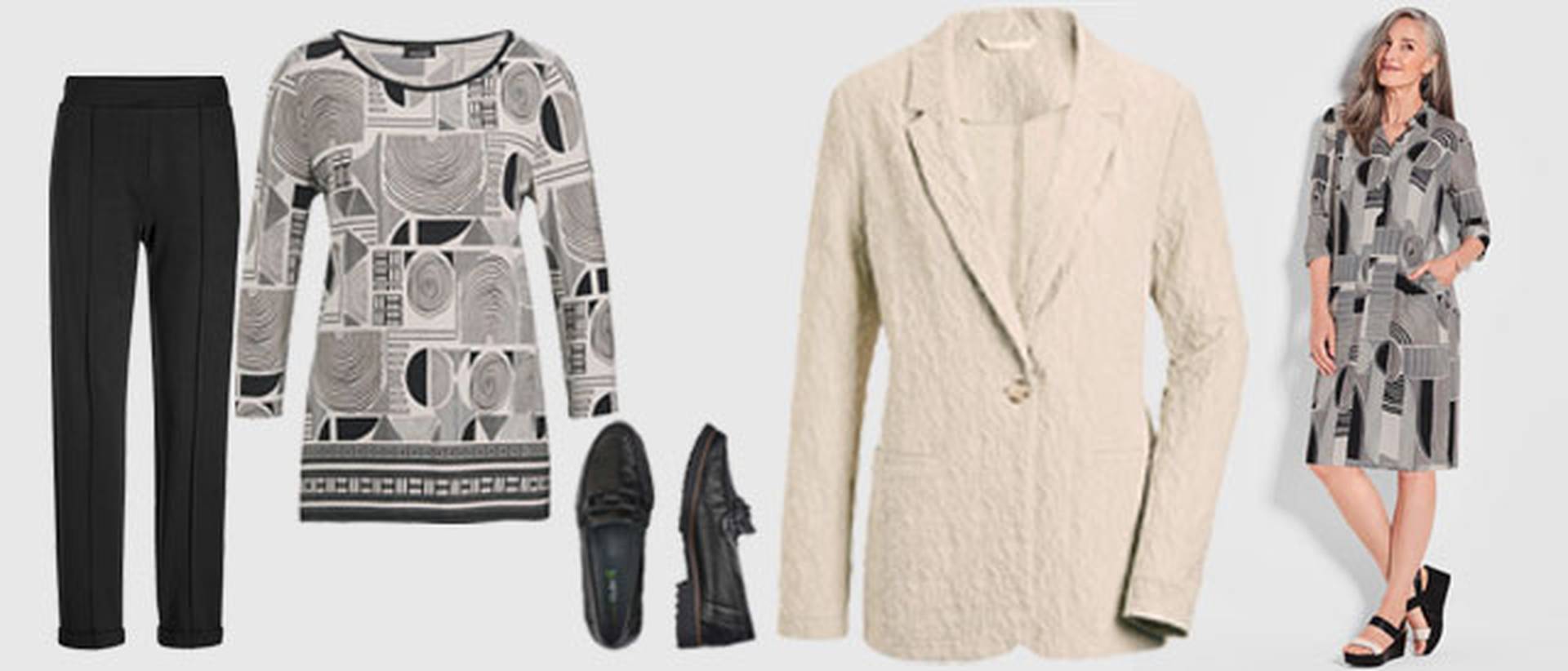 1 Teil 2 Styles Outfit mit beigen Blazer und schwarzer Hose
