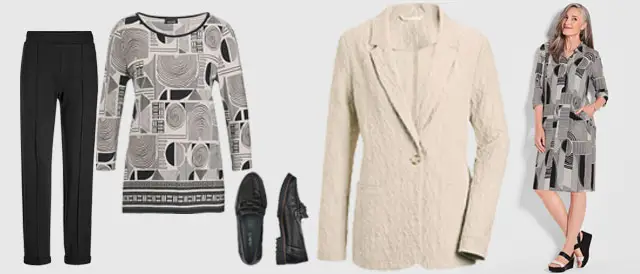 1 Teil 2 Styles Outfit mit beigen Blazer und schwarzer Hose