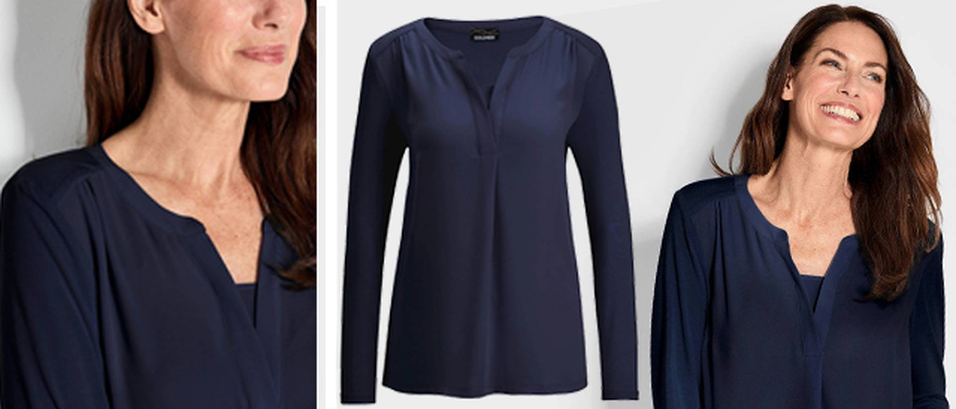 Marineblauwe blouse met tuniekhals - modetip voor vrouwen met een grote boezem