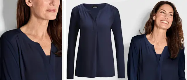 Blouse bleu marine avec encolure tunique - conseil de mode pour les femmes à forte poitrine