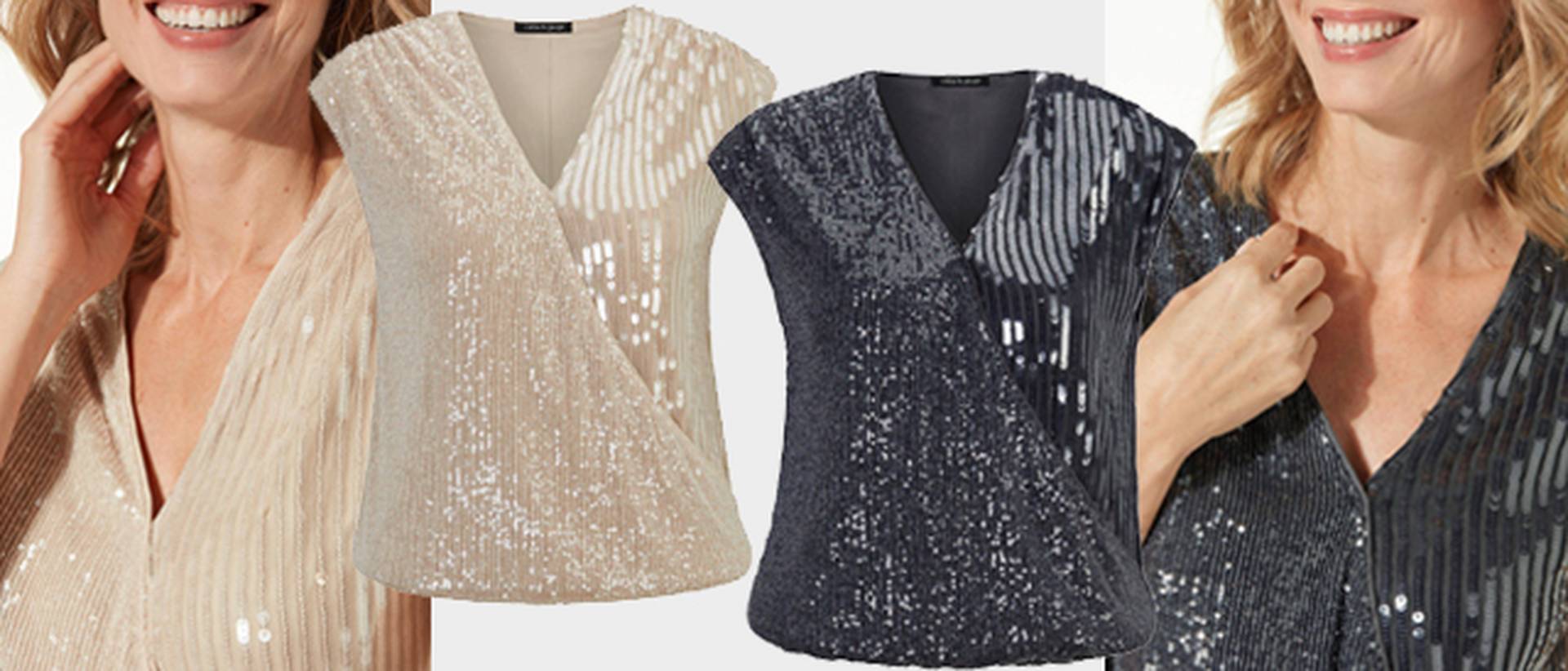 V-hals voor grote borsten - sprankelende, elegante shirts, blouses en pullovers met pailletten en V-halslijn