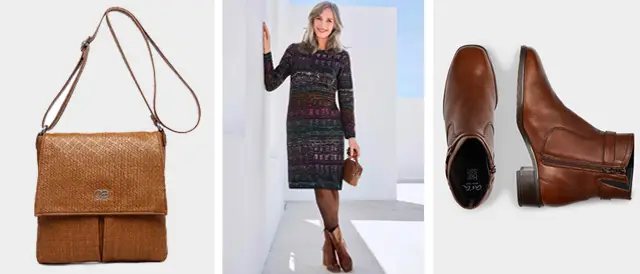 Multicolor Allover-Jacquard mit braunen Stiefelletten und brauner Umhängetasche