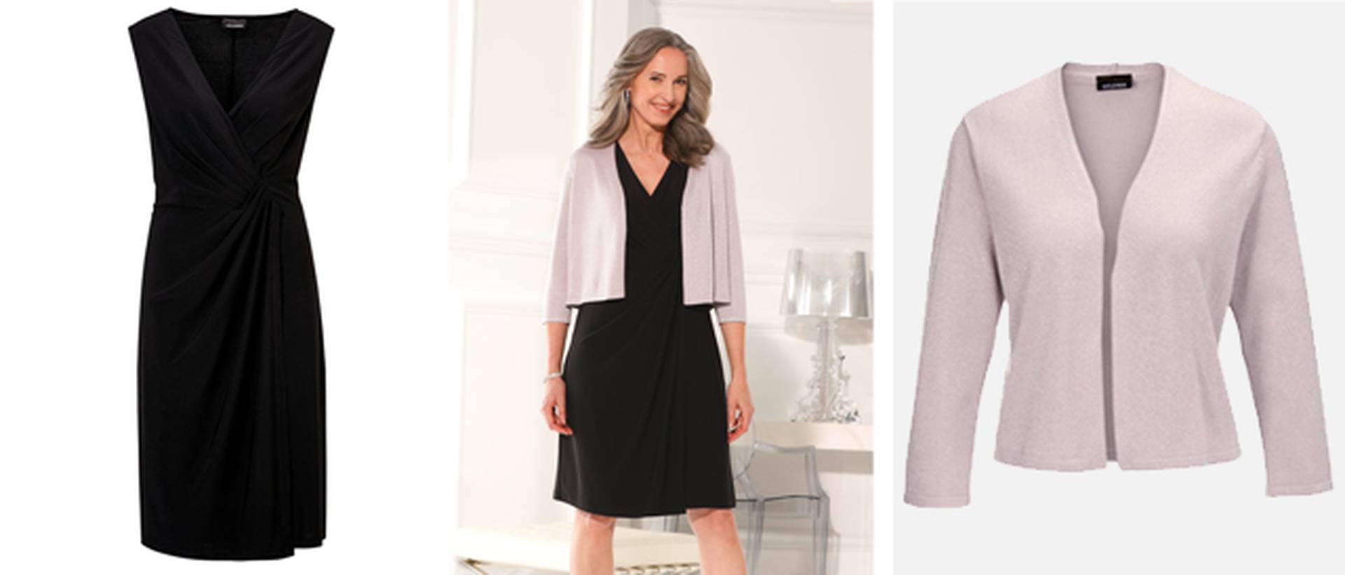 Outfit zwarte wikkeljurk met roze jasje