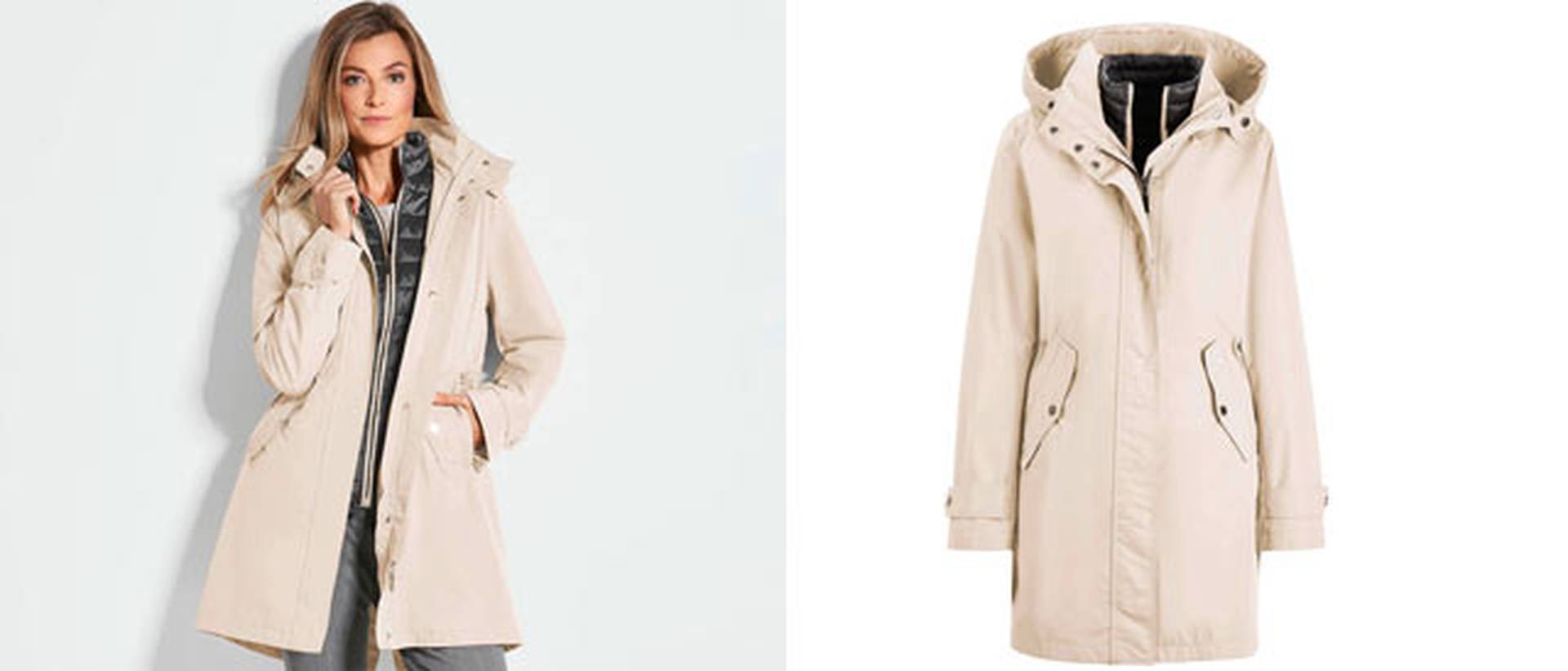 Zwiebelschicht - Außen-Schicht in Form von einer beigen Allwetterjacke bzw Funktionsjacke mit Westeneinsatz