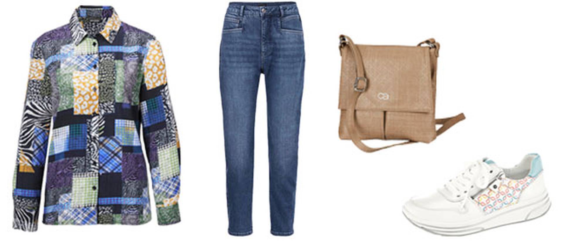 Outfit Mom Jeans mit Bluse, Umhängetasche und Sneaker