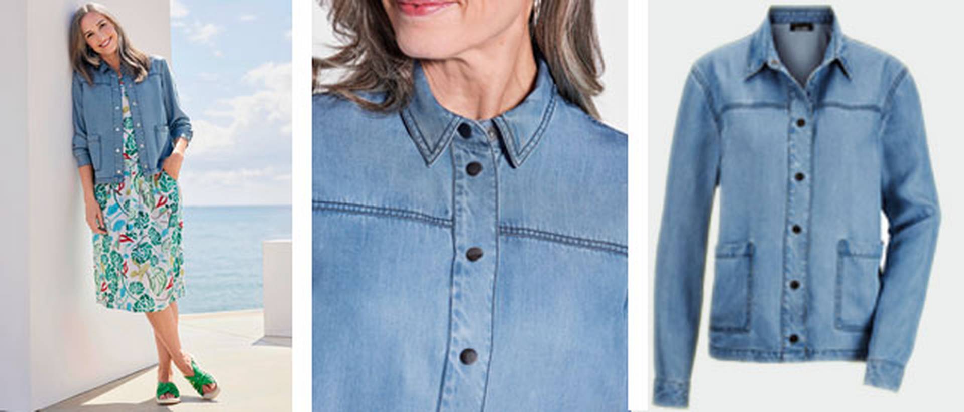 Hemdjacke / Overshirt in Jeans kombiniert mit einem sommerlichen Kleid