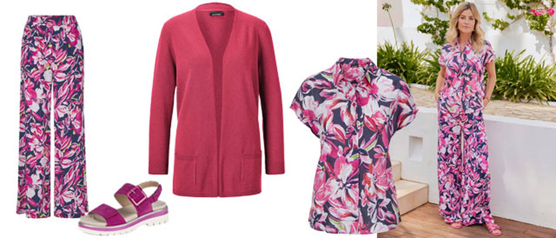 romantisches Valentinsoutfit mit buntem Oberteil und Hosen im Jumsuit-Look