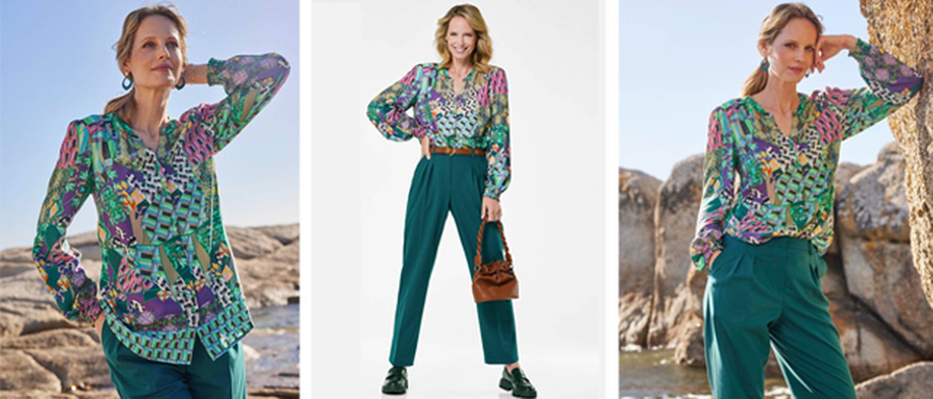 Outfit mit grüner Hose und passender bunter Bluse
