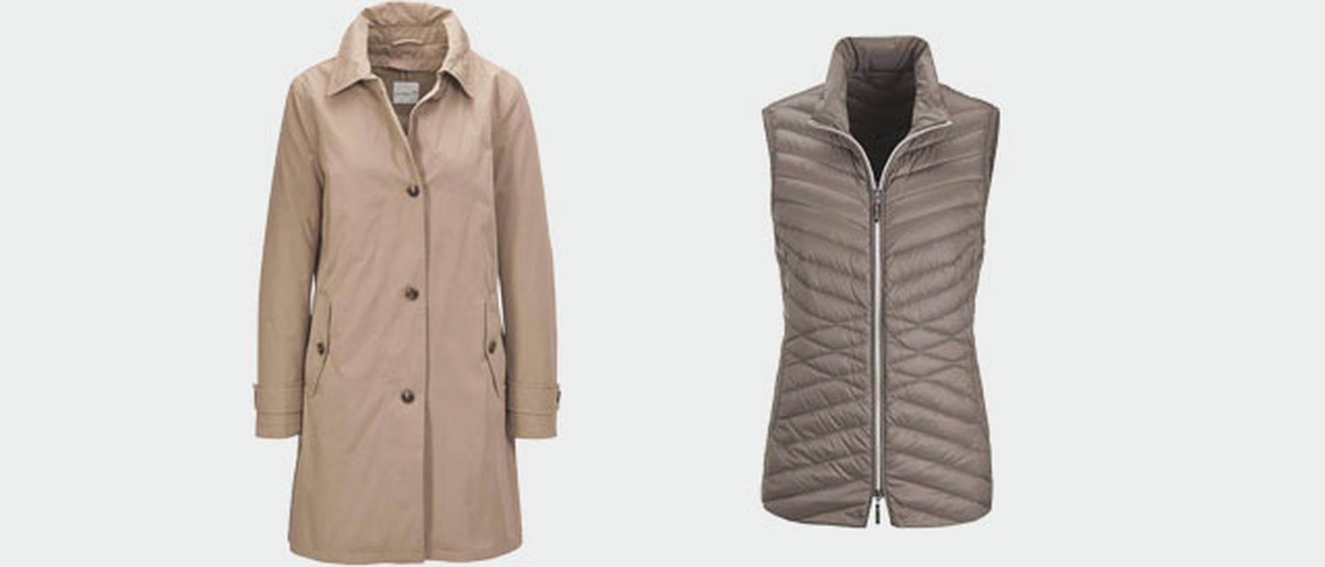 Was man über einer Hemdjacke trägt. Ein Produktbild von einem Trench-Coat und eine Weste