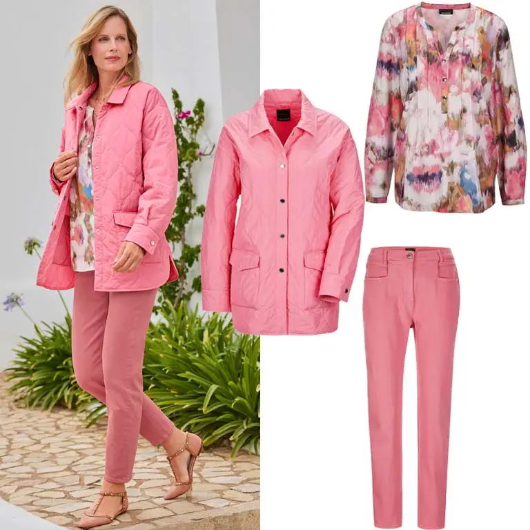 Monochrome Outfits - rosa Jacke kombiniert mit einer rosa Hose und dazu eine Sommerbluse die den gleichen Farbton in rosa mit aufgreift