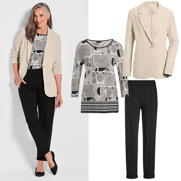 Helle Akzente setzen: beiger Blazer mit schwarzer Hose und schwarz weißem Druckshirt