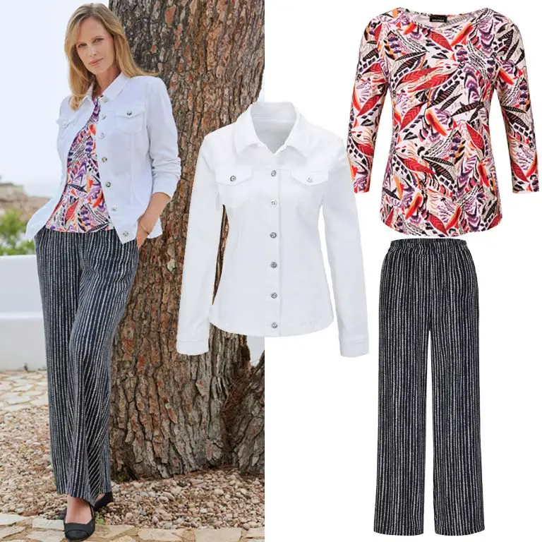 Vertikale Muster - eine Hose mit schwarzen und weißen längsstreifen und dazu ein Shirt mit buntem Muster und einer weißen Jeansjacke kombiniert