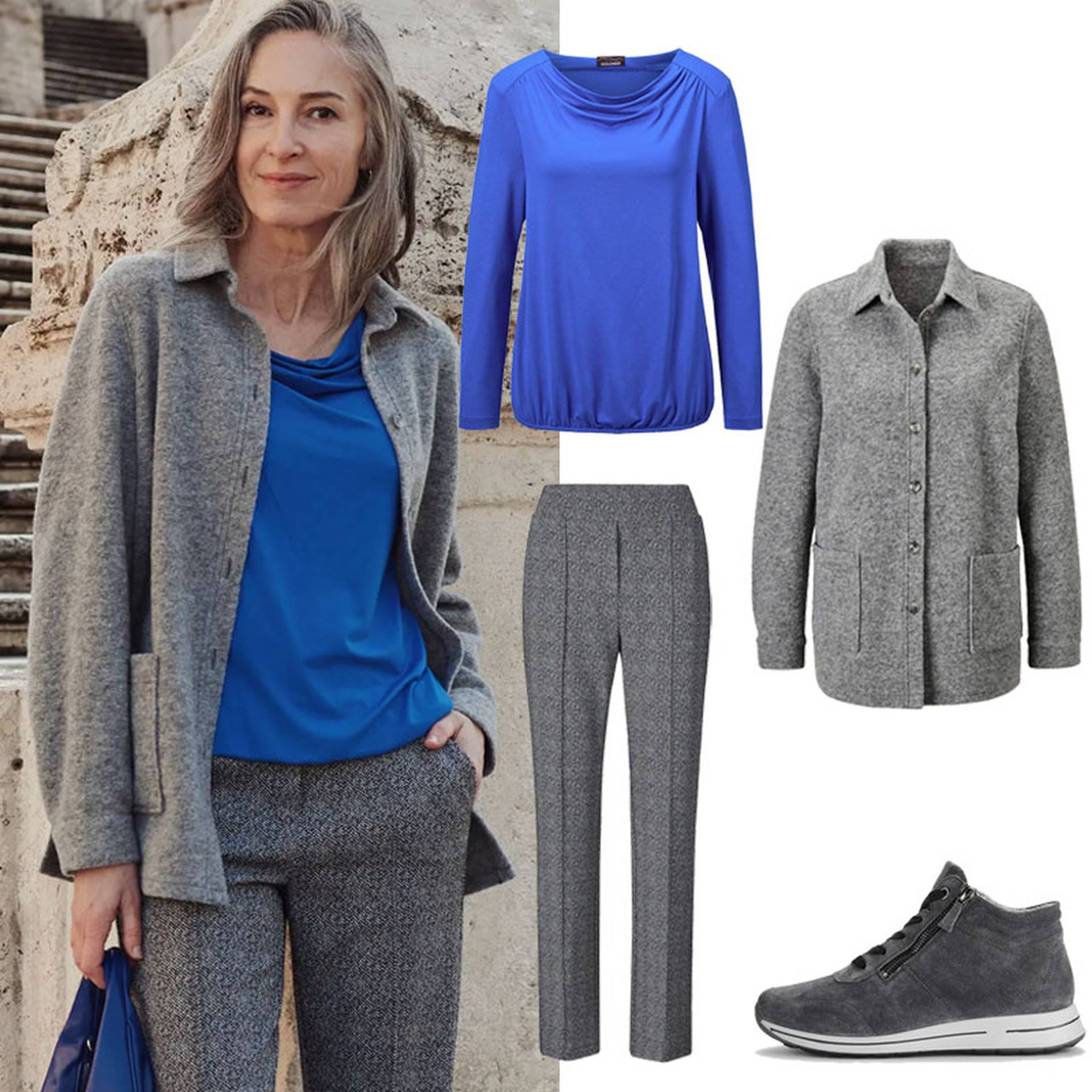 Voeg een blauw overhemd en een warm jack toe aan de klassieke outfit met wijde broek