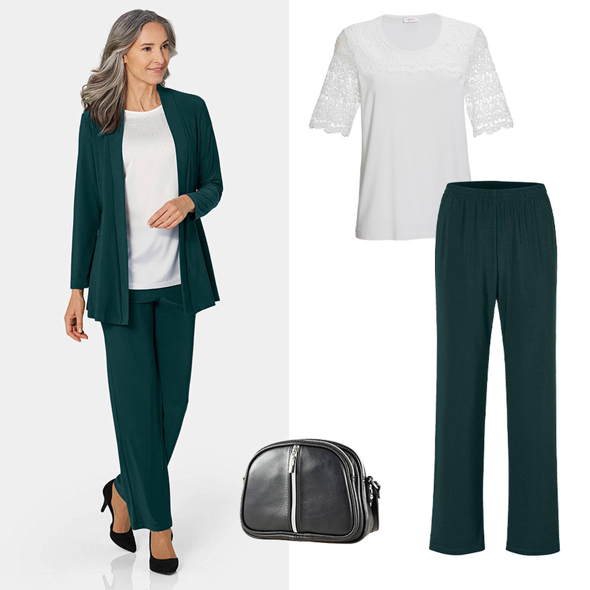 Astuce de style pour les pantalons larges et les jeans - un pantalon en tissu de couleur pétrole avec un t-shirt blanc en dentelle et une veste légère de couleur pétrole avec un sac à bandoulière noir chic.