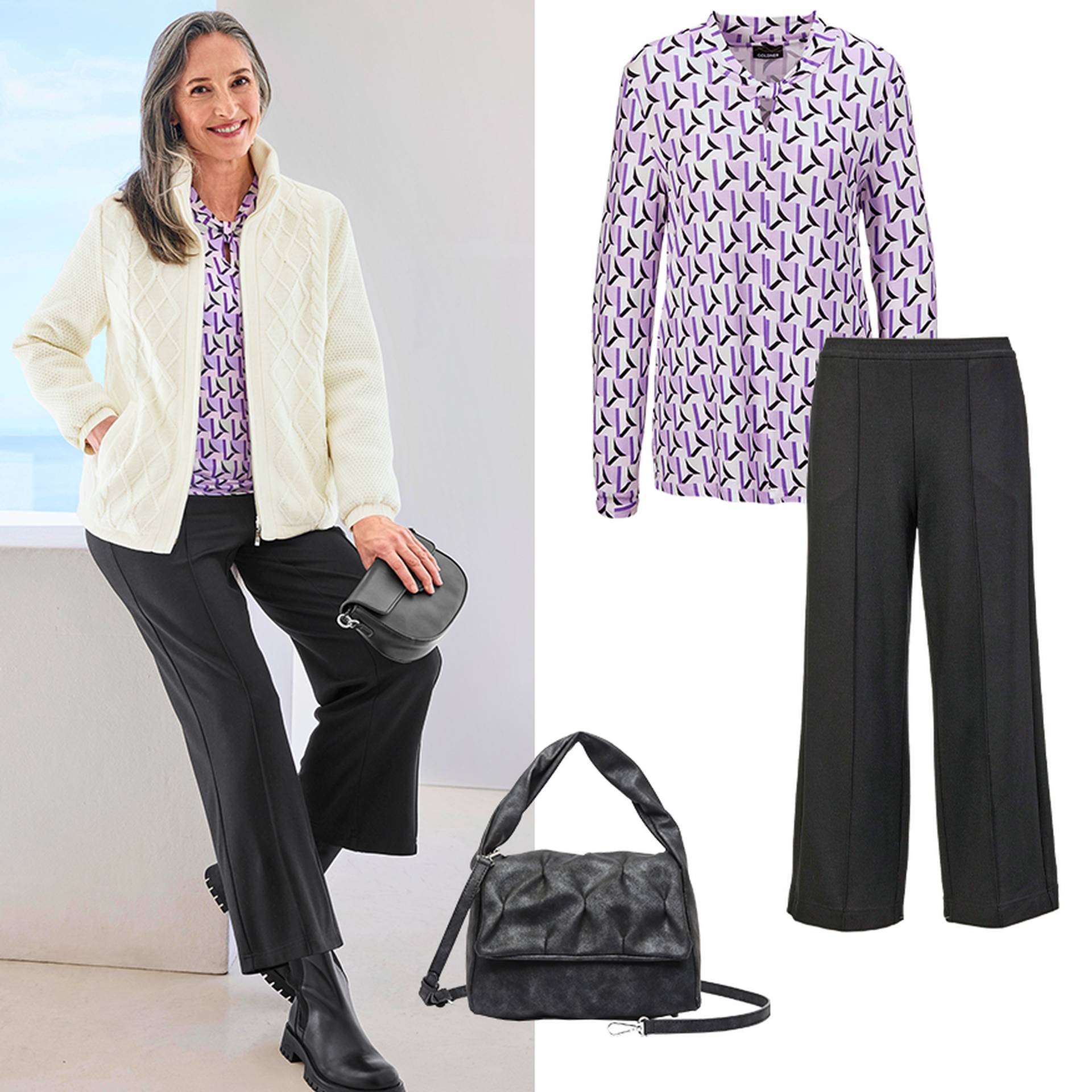 Astuce de style pour les pantalons larges et les jeans - pantalon de fer noir avec un chemisier à motifs et une veste blanche avec un sac noir chic