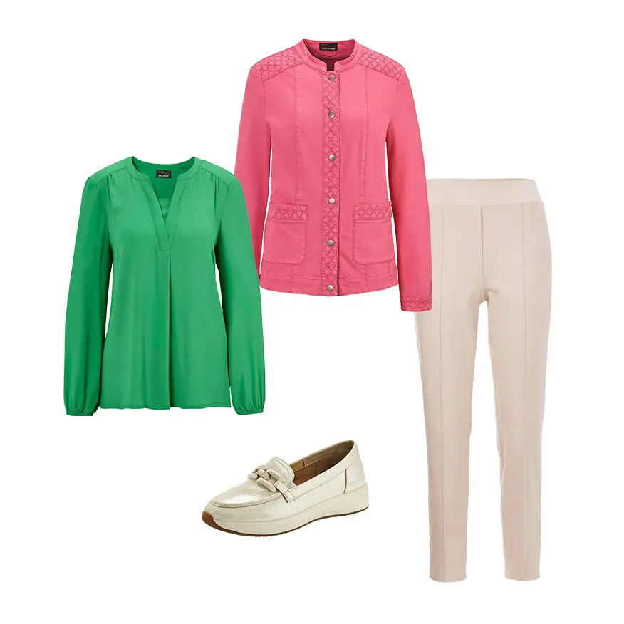 Color blocking pour débutants : T-shirts chemisiers verts avec une veste rose, un pantalon beige et des chaussures beiges.
