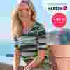 Woman wearing a stylish striped shirt sits outdoors by the sea. Text on image advertises a sale with discounts up to 75% and extra 40% off.
