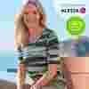 Woman wearing a stylish striped shirt sits outdoors by the sea. Text on image advertises a sale with discounts up to 75% and extra 30% off.