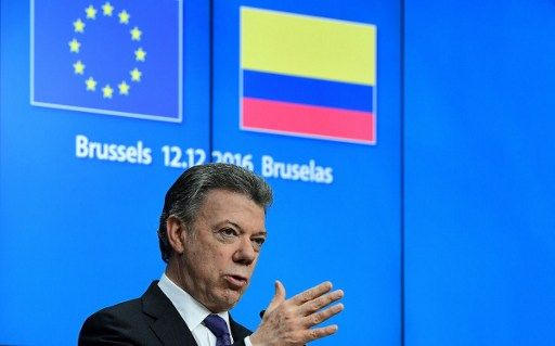 El presidente Juan Manuel Santos fue recibido en la sede del Consejo de la UE. Foto: AFP. santos presidente colombia ue