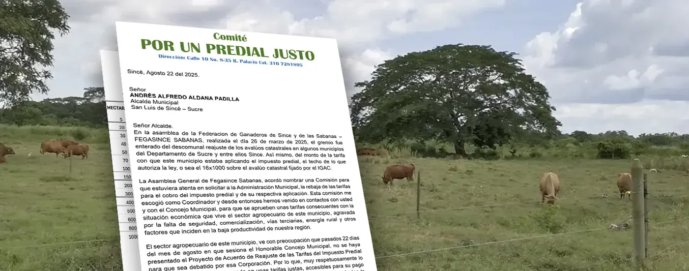Carta de ganaderos a Alcaldía de Sincé sobre el predial no ha dado respuesta