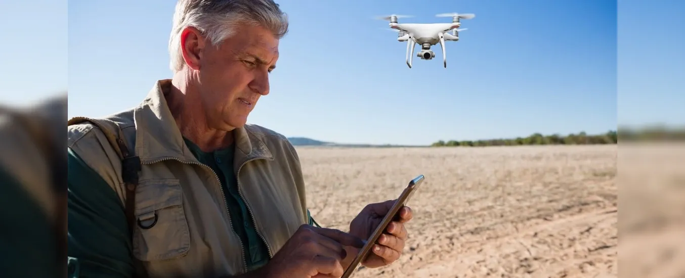 Un productor manejando un dron en un terreno.