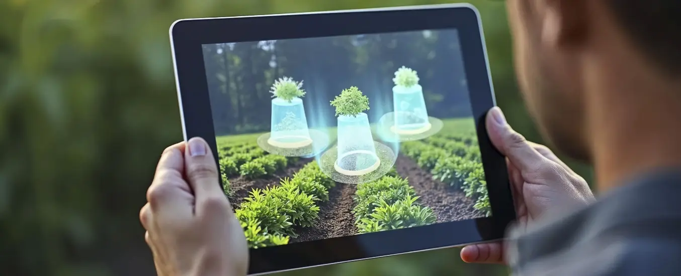 Person holding a tablet displaying augmented reality plants over a field, showcasing digital plant growth simulations.
