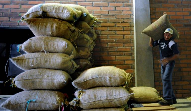 Un granjero carga una bolsa de café para ser vendida en Ciudad Bolívar, departamento de Antioquia, a 400 kilómetros al noroeste de Bogotá, el 12 de junio de 2009  © AFP/Archivos Rodrigo Arangua
