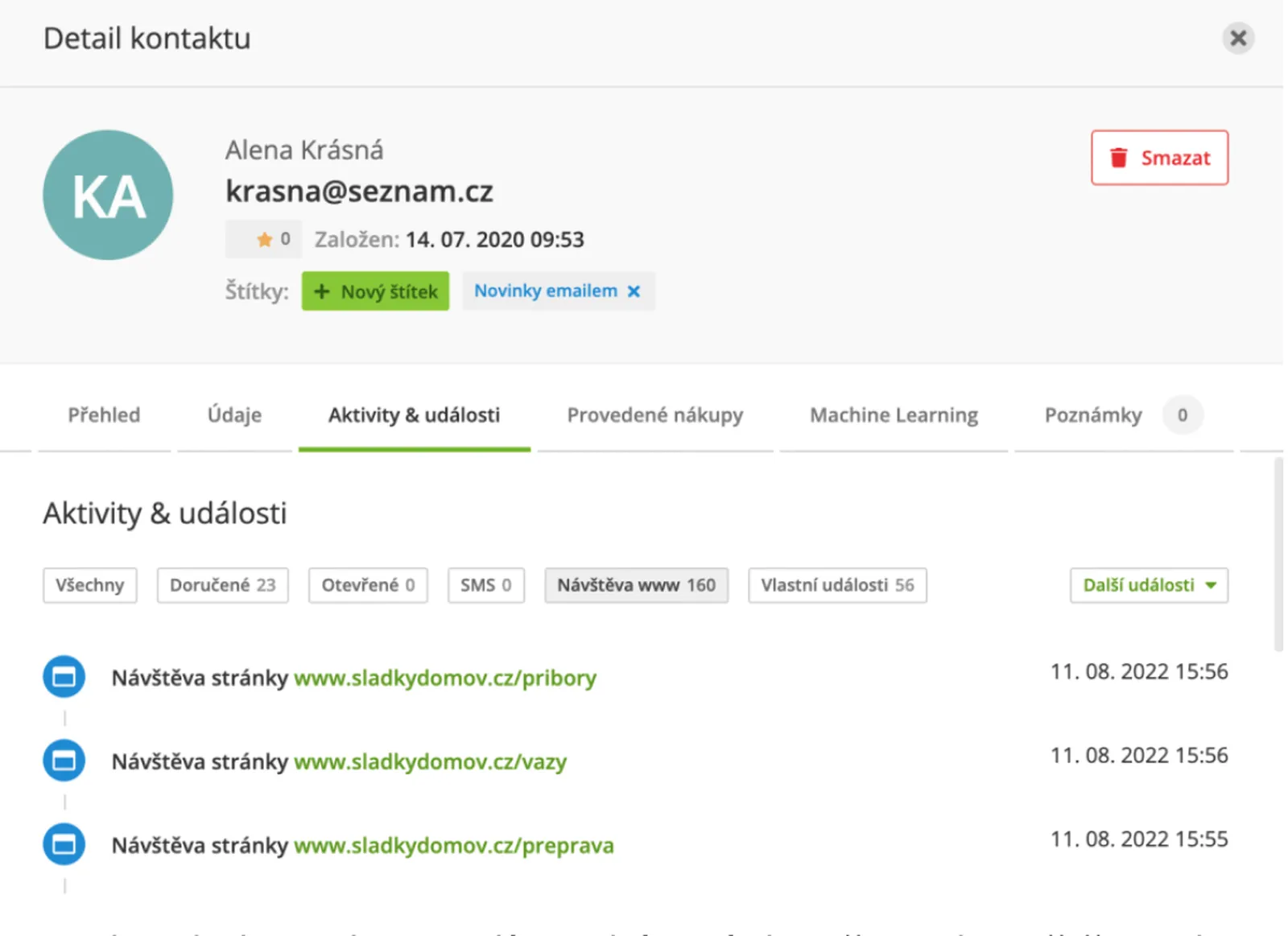 V detailu kontaktu uvidíte, jaké stránky uživatel navštěvoval.