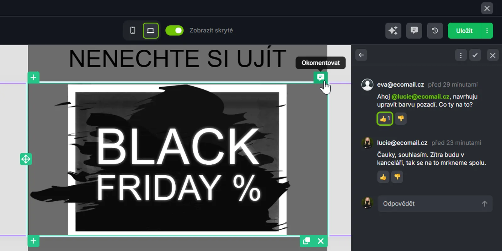 Screenshot z aplikace Ecomail funkce komentáře