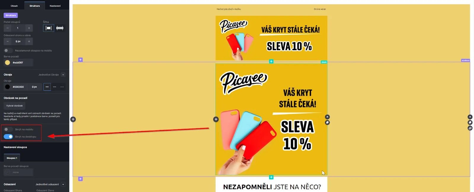 optimalizace šablony v editoru šablon Ecomailu