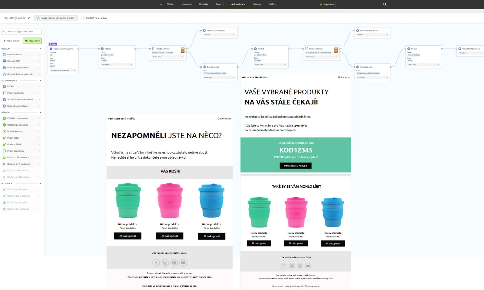 Snímek obrazovky: Scénář automatizace pro opuštěný košík v Ecomail aplikaci