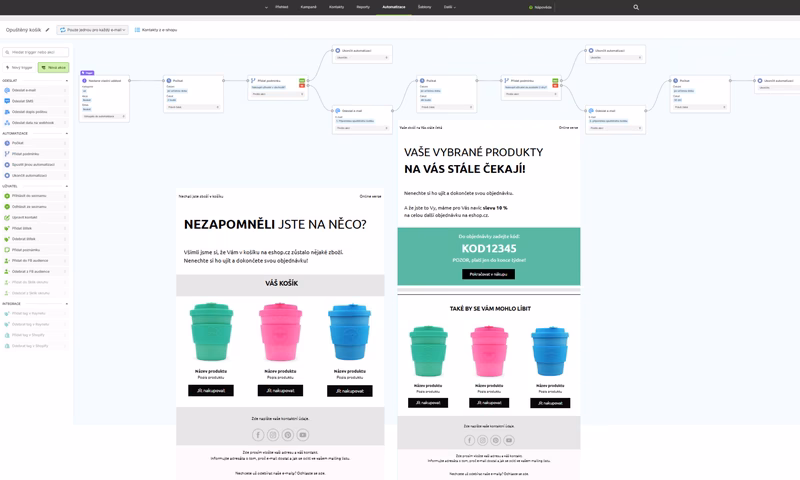 Snímek obrazovky: Scénář automatizace pro opuštěný košík v Ecomail aplikaci
