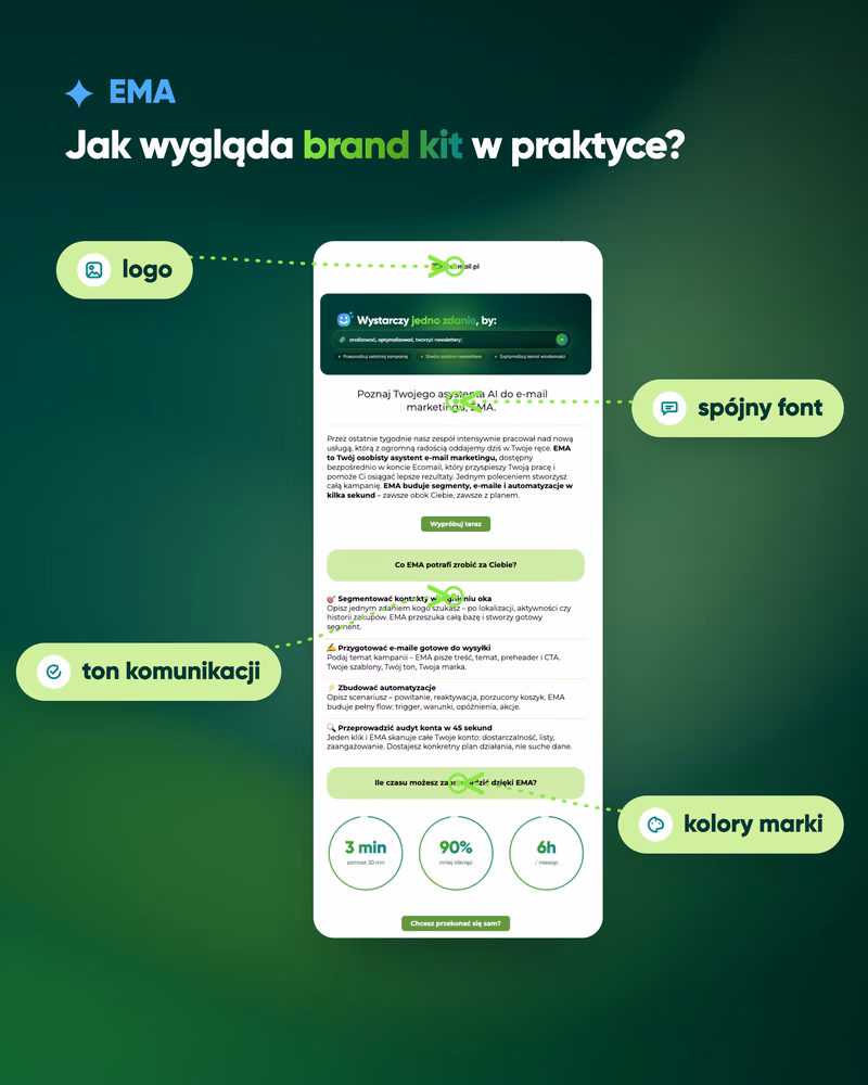 Grafika pokazująca newsletter oraz elementy brandingu: logo, fony, ton komunikacji, kolory marki