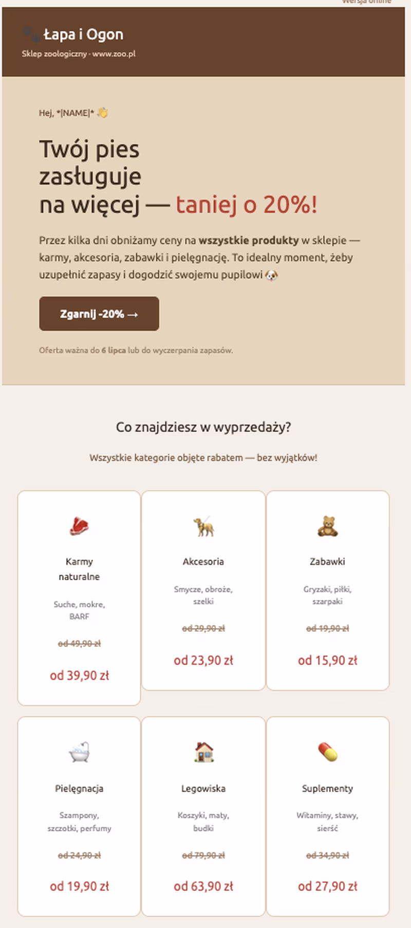 Screenshot przykładowego newslettera dla sklepu zoologicznego przygotowany przez EMA