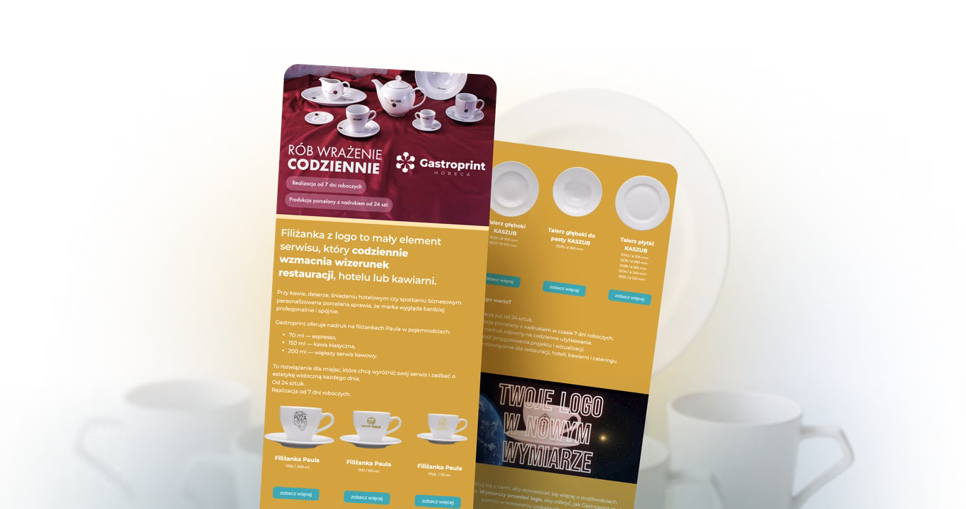 Podgląd dwóch newsletterów marki Gastroprint z wizualizacjami porcelany i naczyń personalizowanych logo klienta