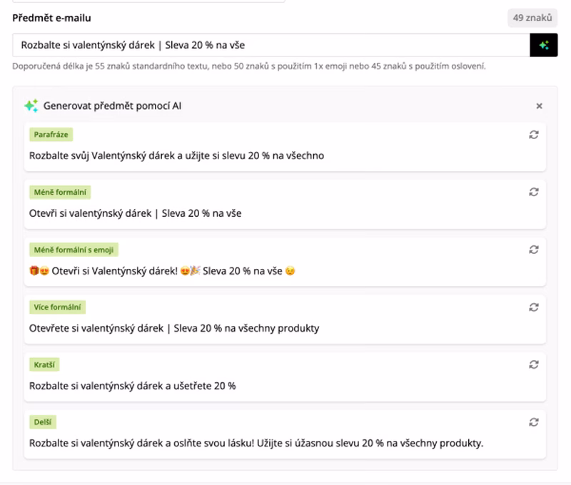 Generování předmětu pomocí umělé inteligence v Ecomailu