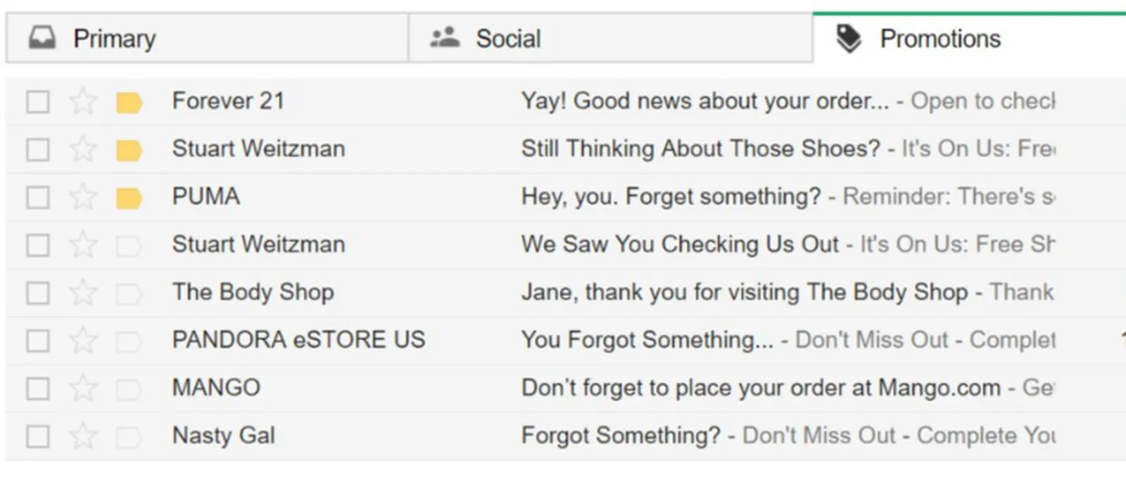 ukázky e-mailů reagujících na opuštěný košík