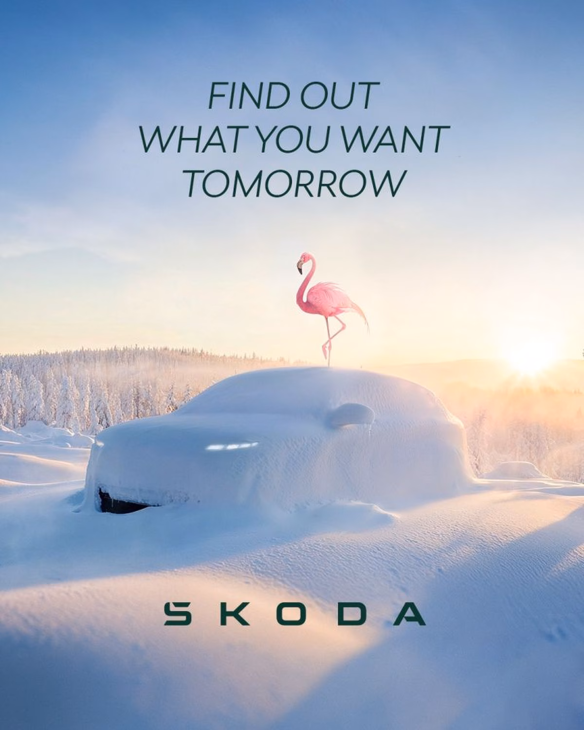 Plakát kampaně Škoda AUTO Elroq s plameňáky