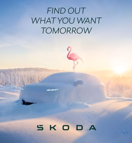 Plakát kampaně Škoda AUTO Elroq s plameňáky