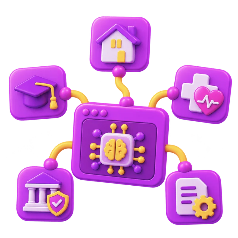 AI chip at the center connected to education, real estate, healthcare, finance, and document workflow icons