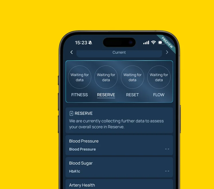 Chirayou app screen with the Reserve tab and biomarker categories